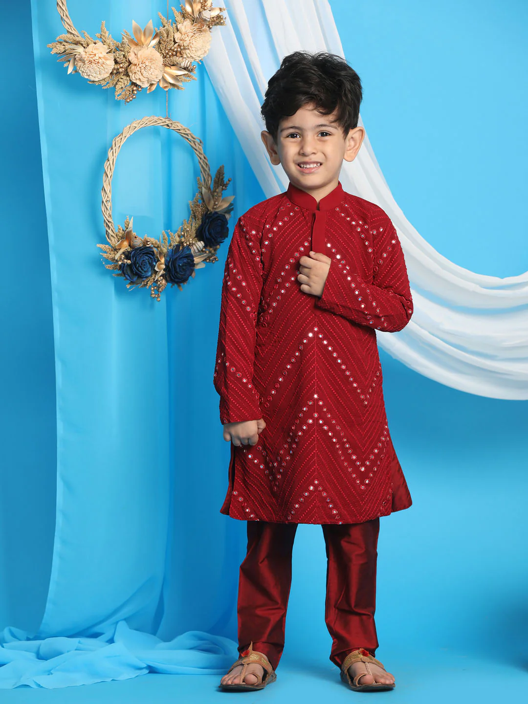 Boy Maroon Mirror work Kurta Pyjama