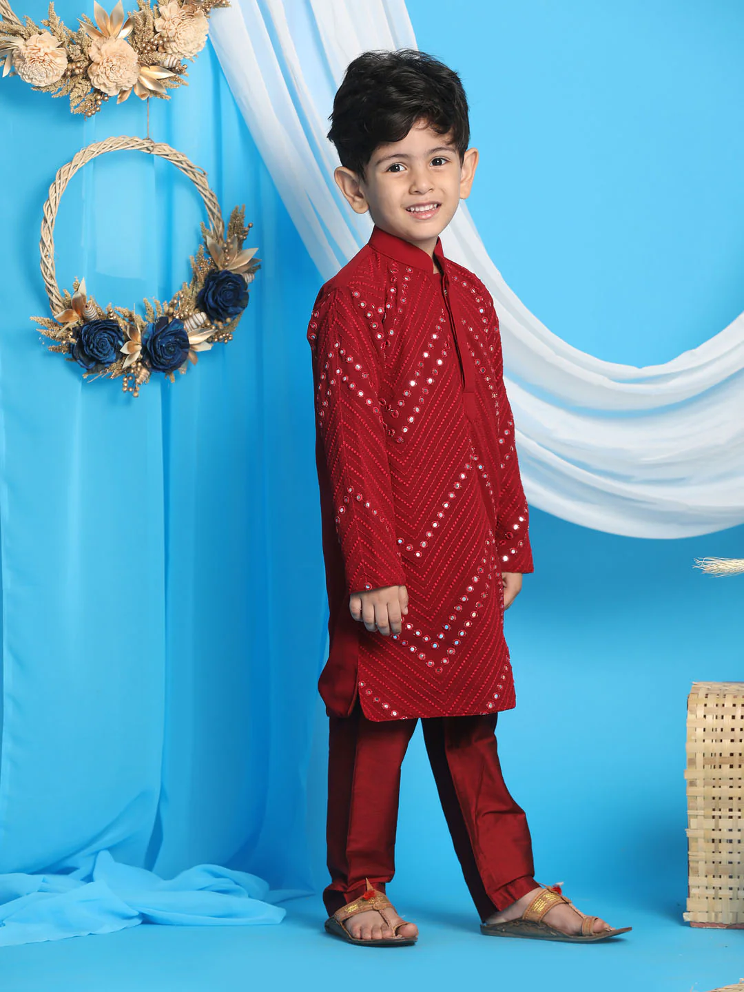 Boy Maroon Mirror work Kurta Pyjama