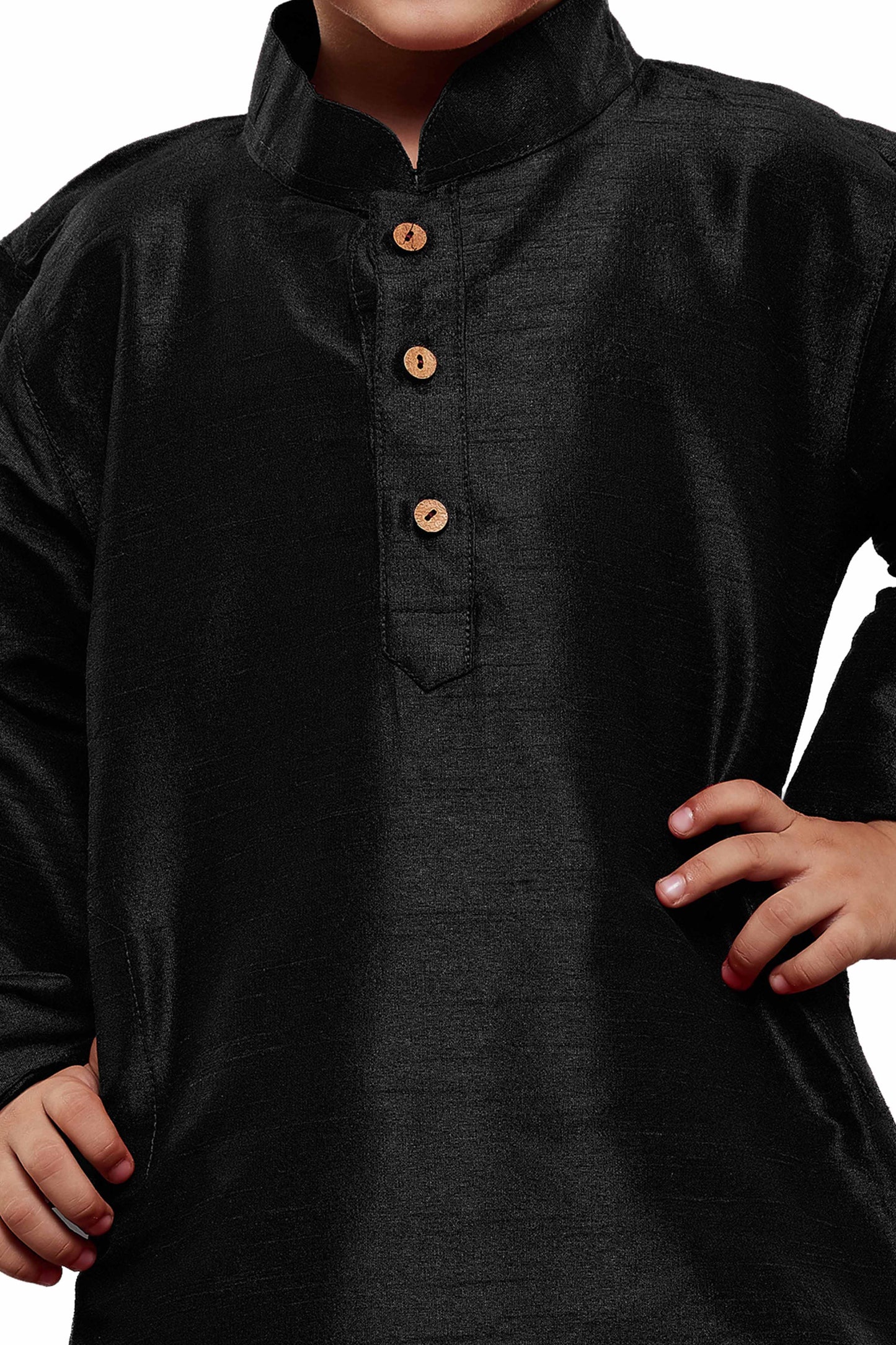 Boy - Black Nehru Collar Raw Silk Kurta and Pyjama Set