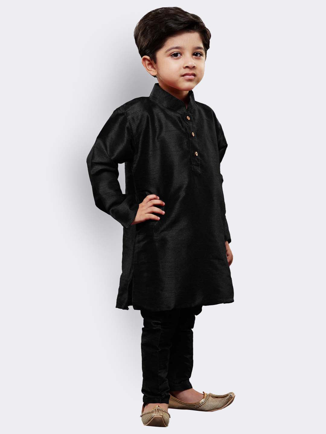 Boy - Black Nehru Collar Raw Silk Kurta and Pyjama Set