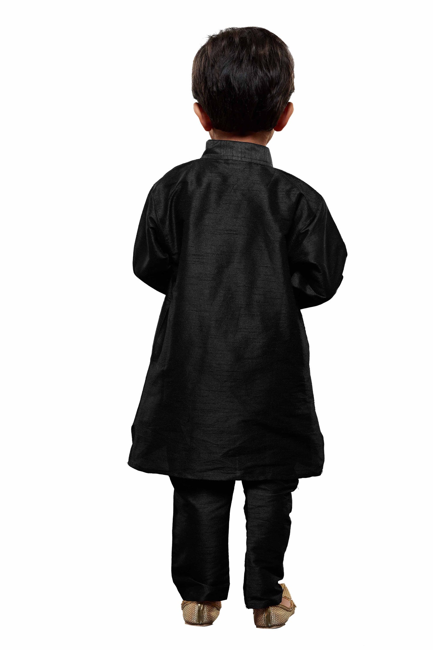 Boy - Black Nehru Collar Raw Silk Kurta and Pyjama Set