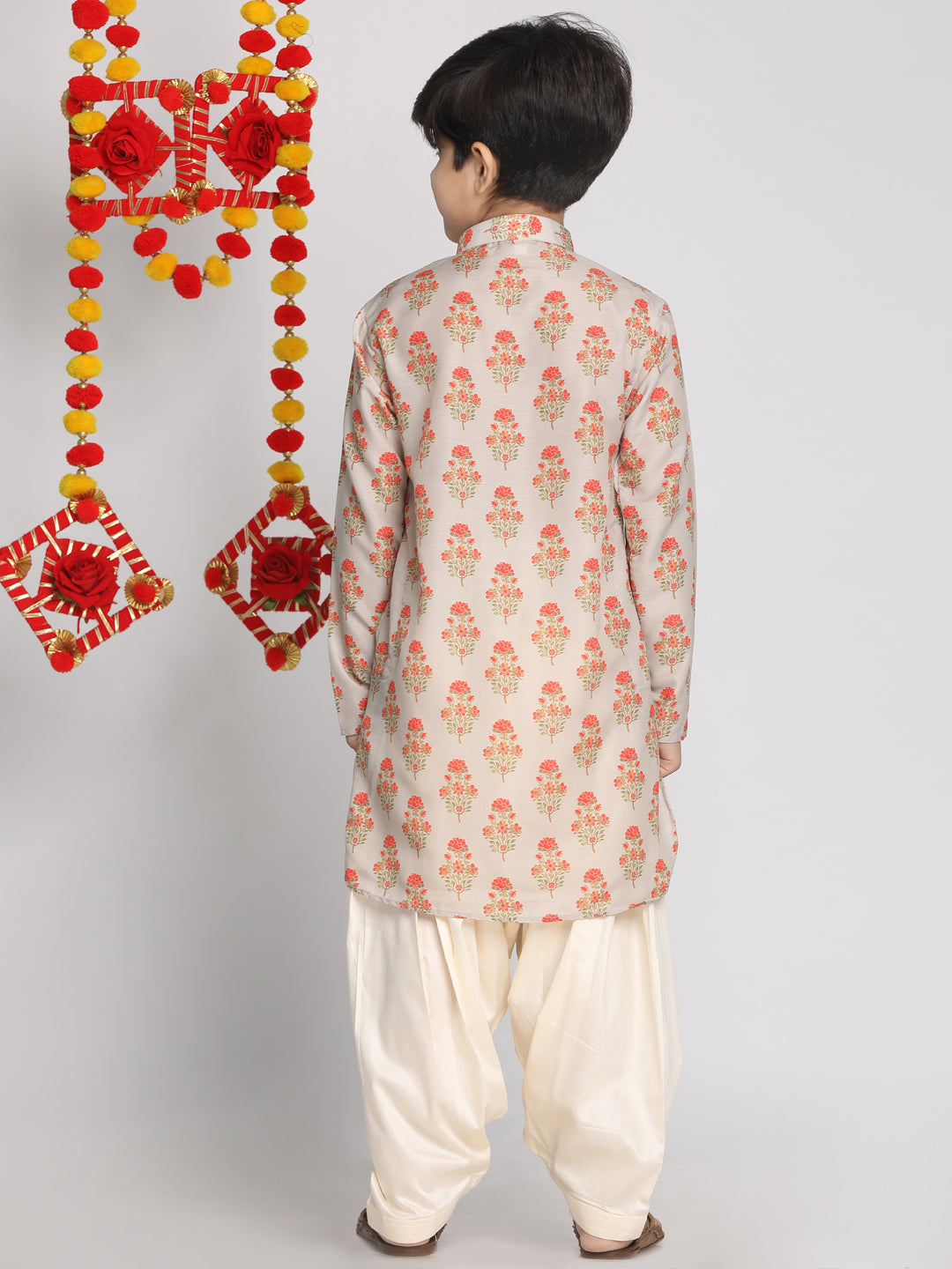 Boy - Beige Floral Print Kurta with Patiala Salwar