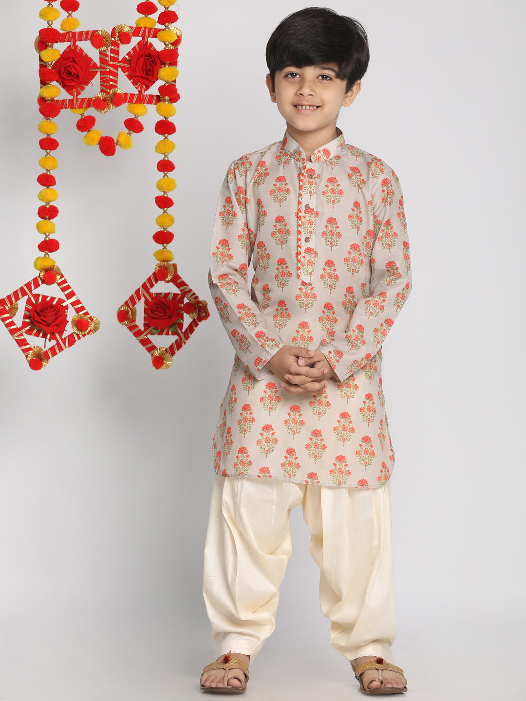 Boy - Beige Floral Print Kurta with Patiala Salwar