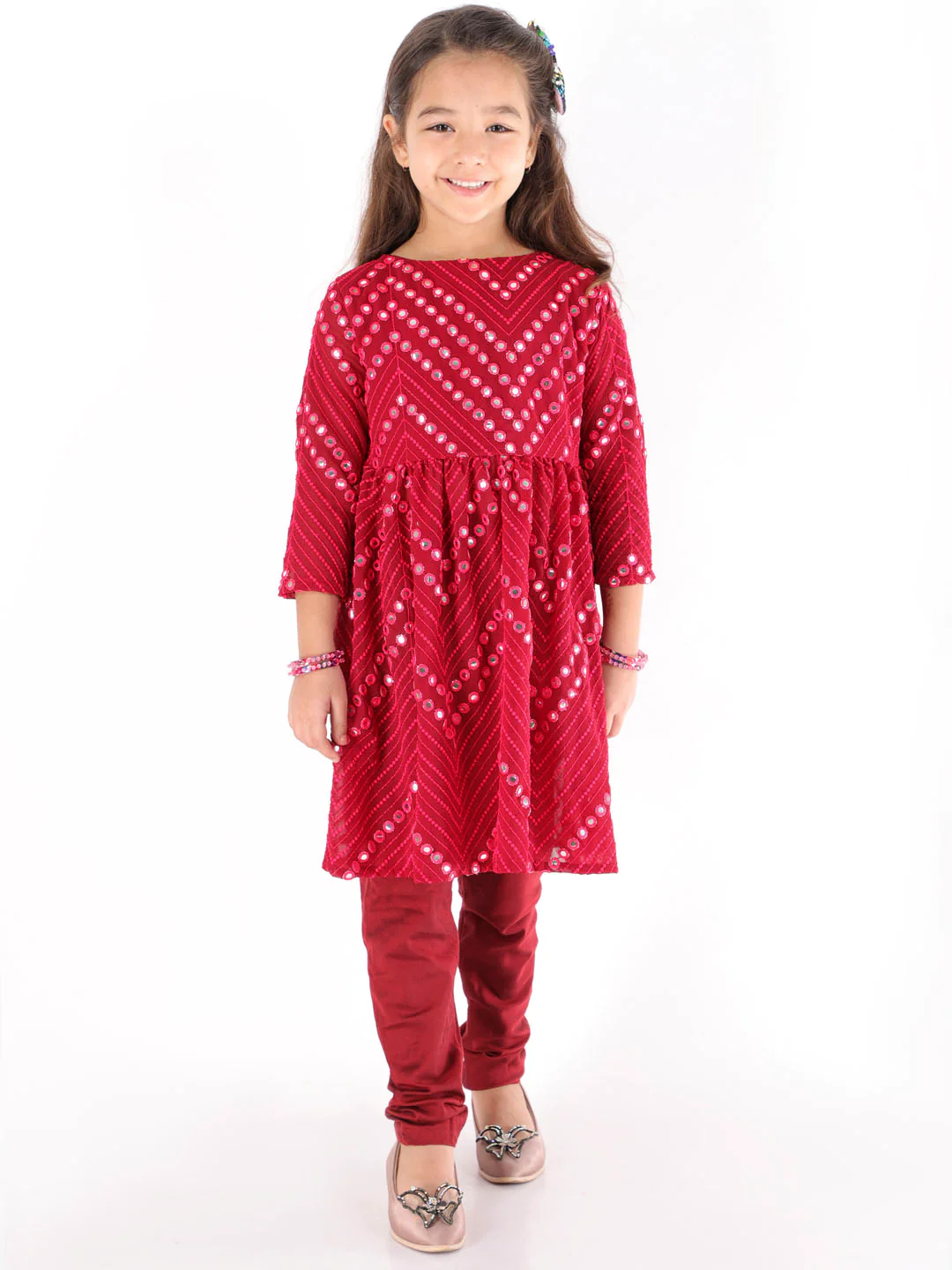 Girl - Maroon Mirror Work Kurta & Pyjama Set