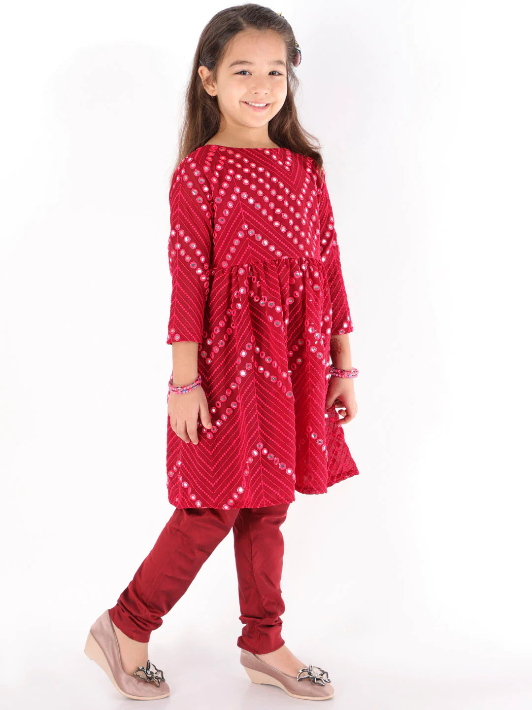 Girl - Maroon Mirror Work Kurta & Pyjama Set