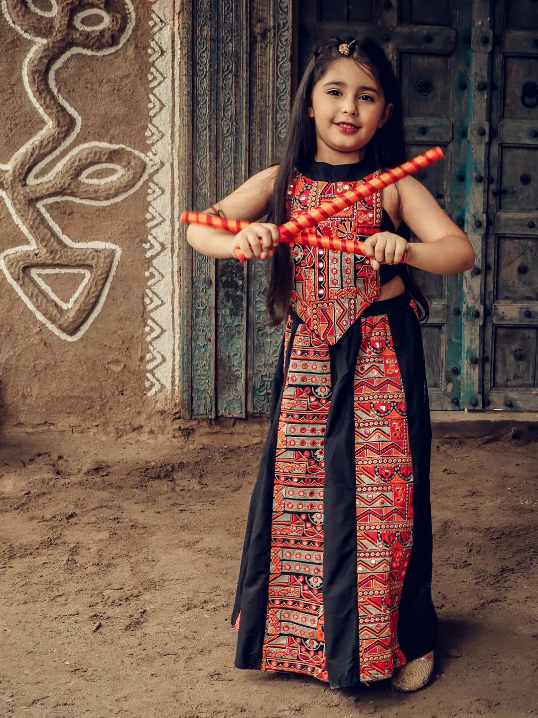 Girl - Black Mirror Work Navratri Style Lehanga With Halter Neck Choli