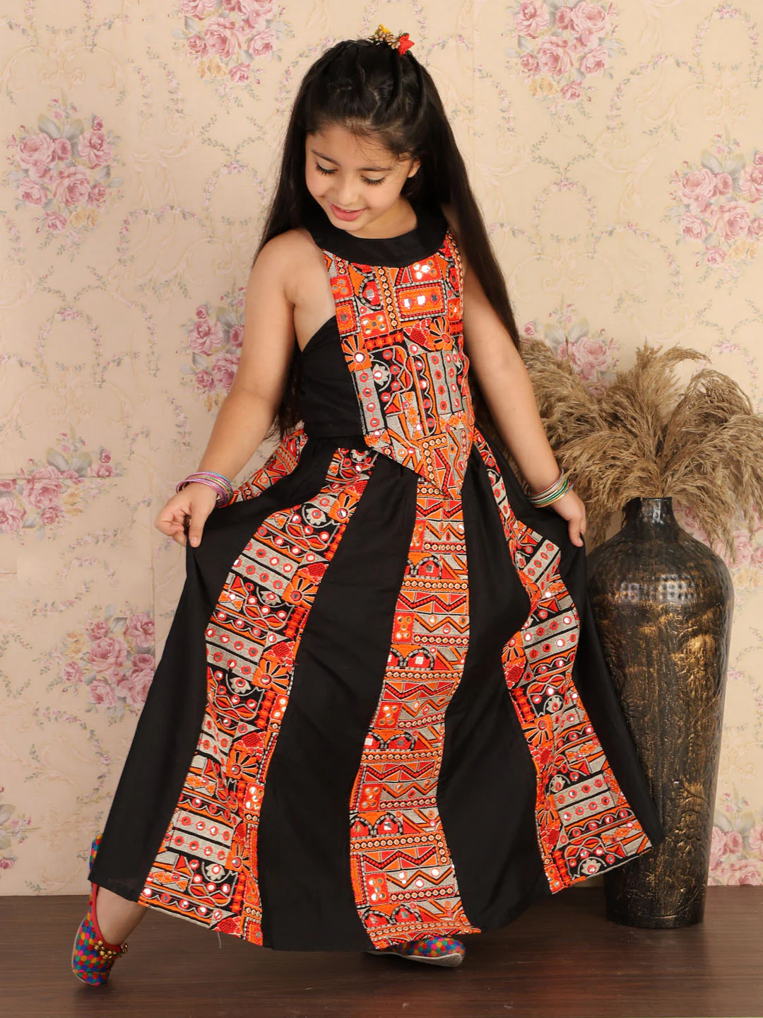 Girl - Black Mirror Work Navratri Style Lehanga With Halter Neck Choli