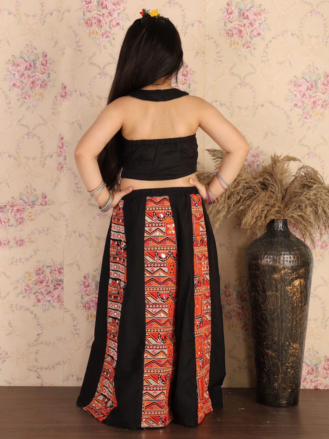 Girl - Black Mirror Work Navratri Style Lehanga With Halter Neck Choli