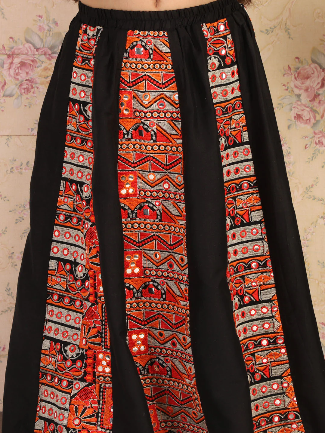 Girl - Black Mirror Work Navratri Style Lehanga With Halter Neck Choli