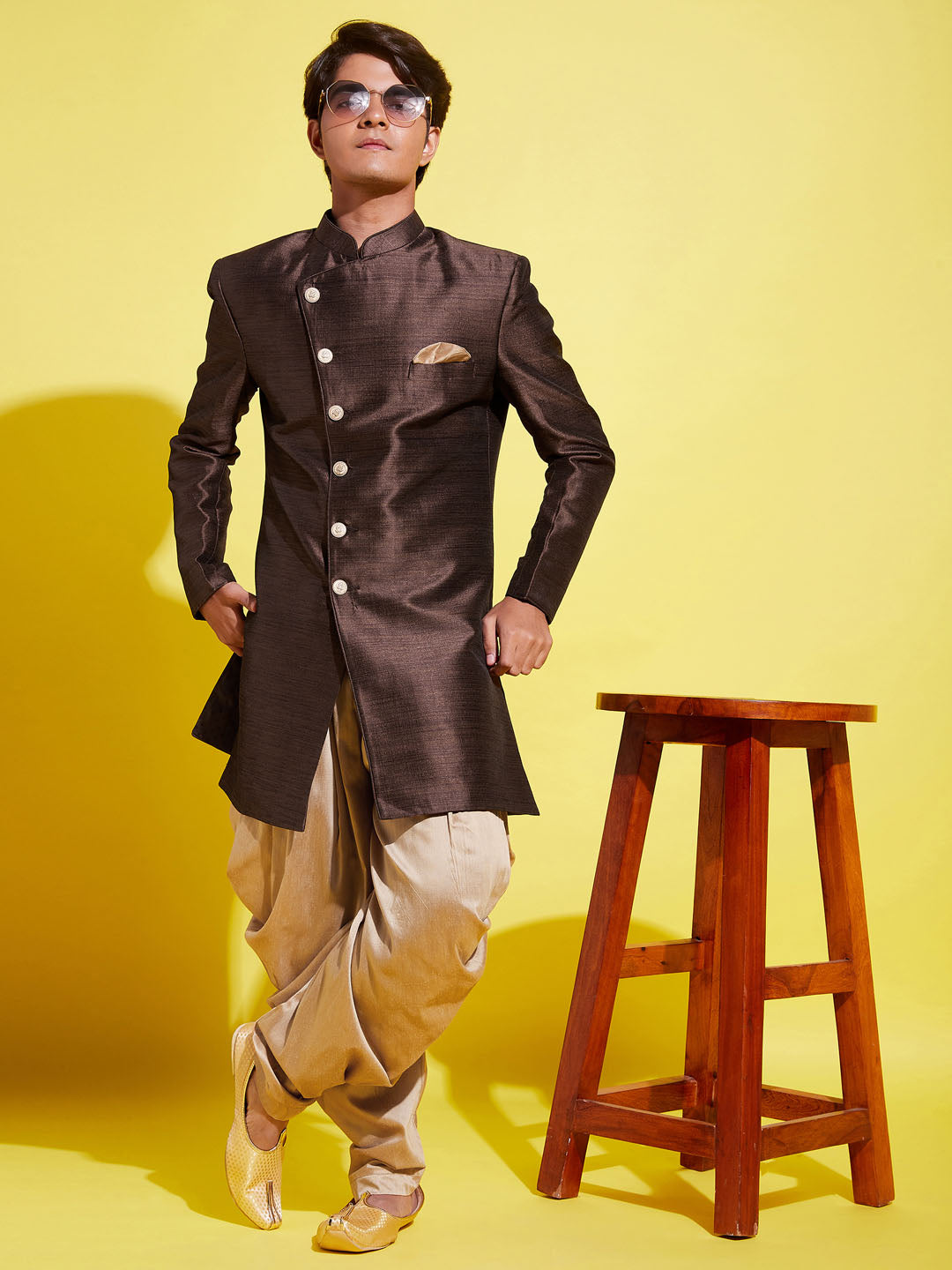 Boy - Brownish Back Shervani with Golden Salwar