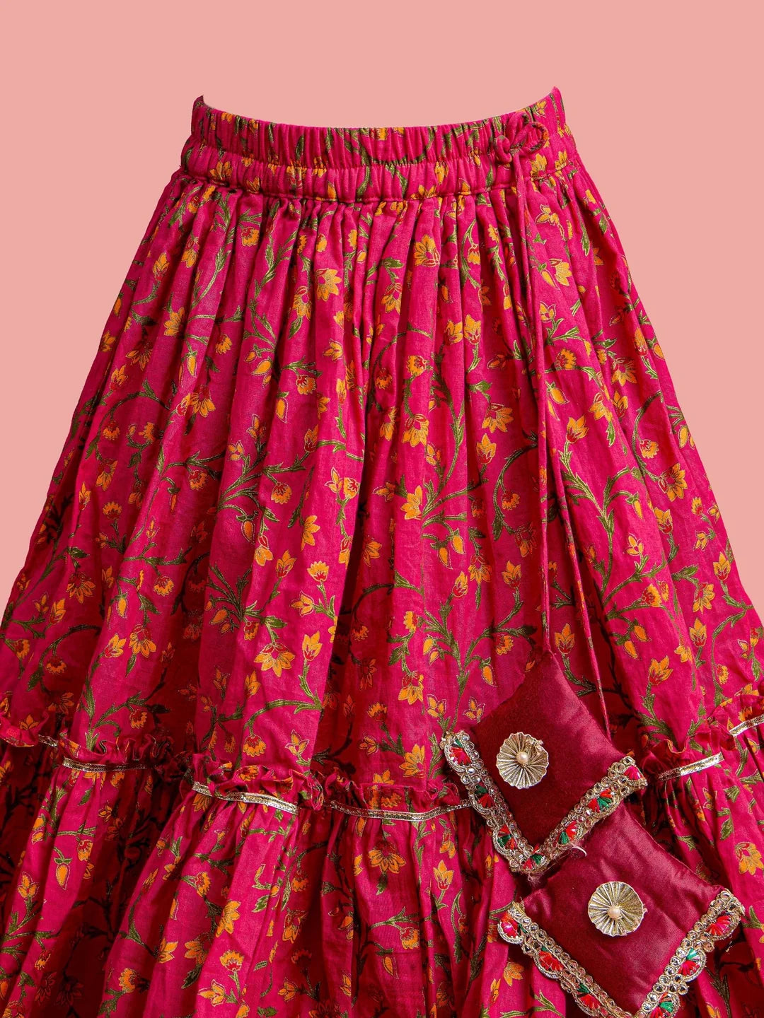 Girls - Pink Floral Cotton Lehenga Choli with Dupatta