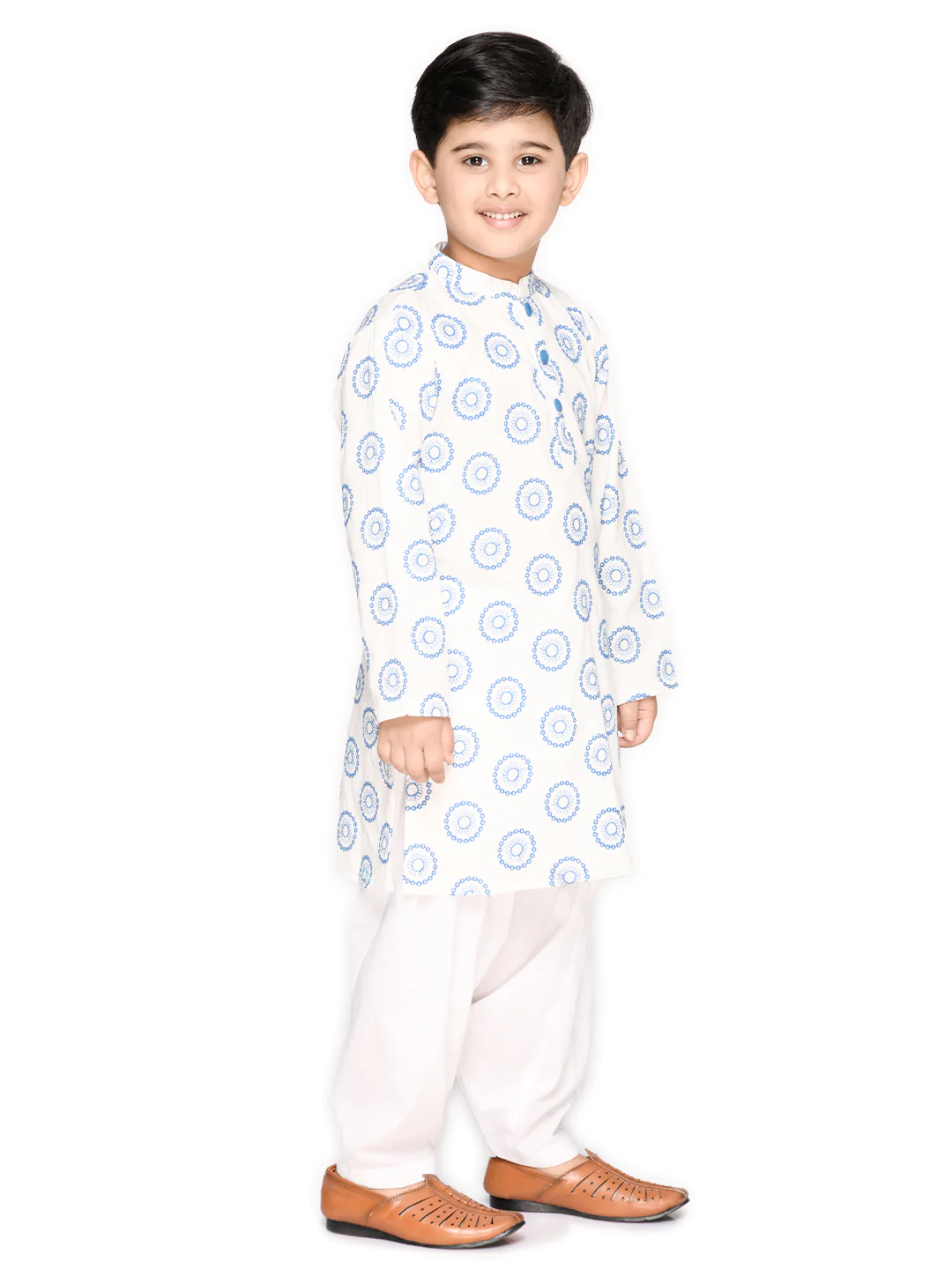 Boy - White & Blue Embroidery Cotton Kurta Set