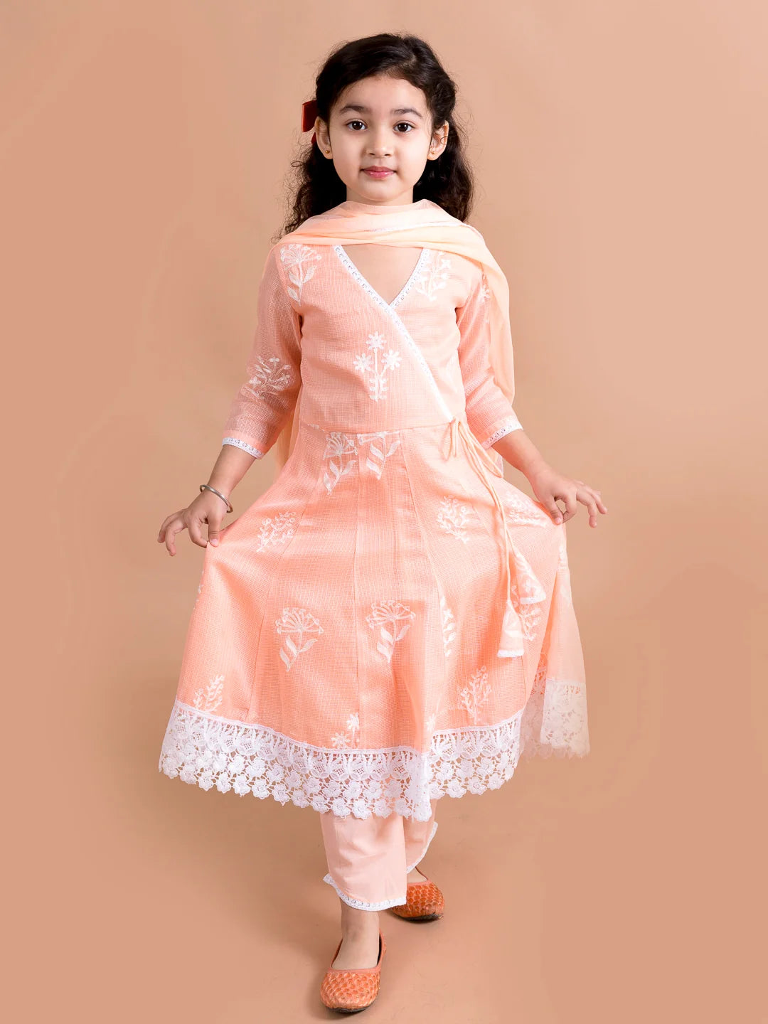 Girl - Peach embroidered Angrakha Kurta Set with Dupatta
