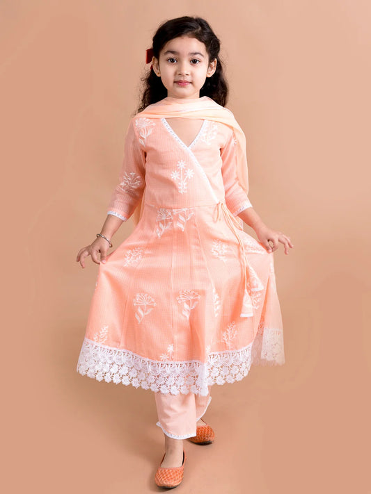 Girl - Peach embroidered Angrakha Kurta Set with Dupatta