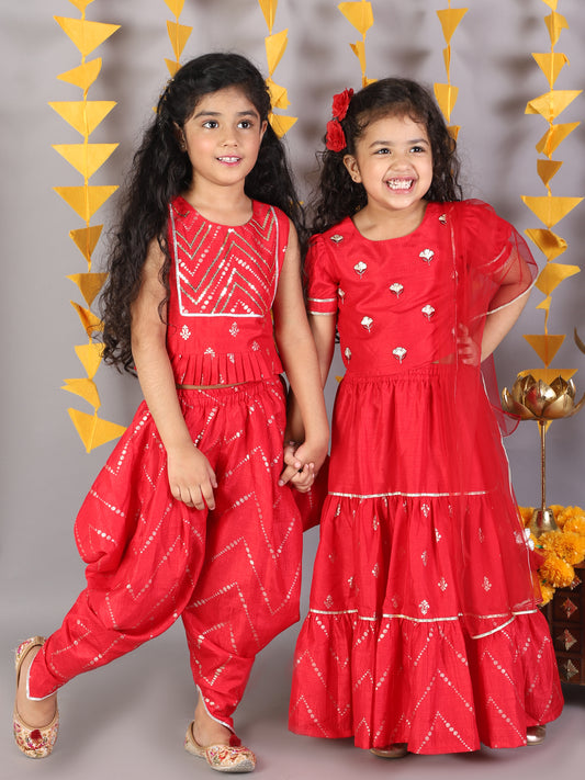 Girl - Red Crop Top with Dhoti Set