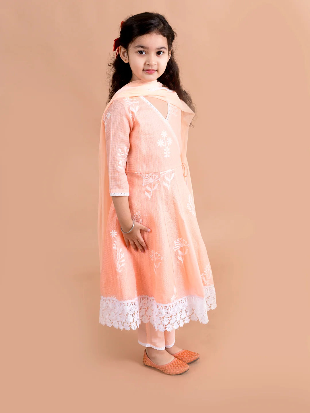 Girl - Peach embroidered Angrakha Kurta Set with Dupatta