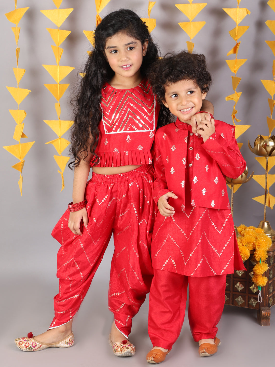 Girl - Red Crop Top with Dhoti Set