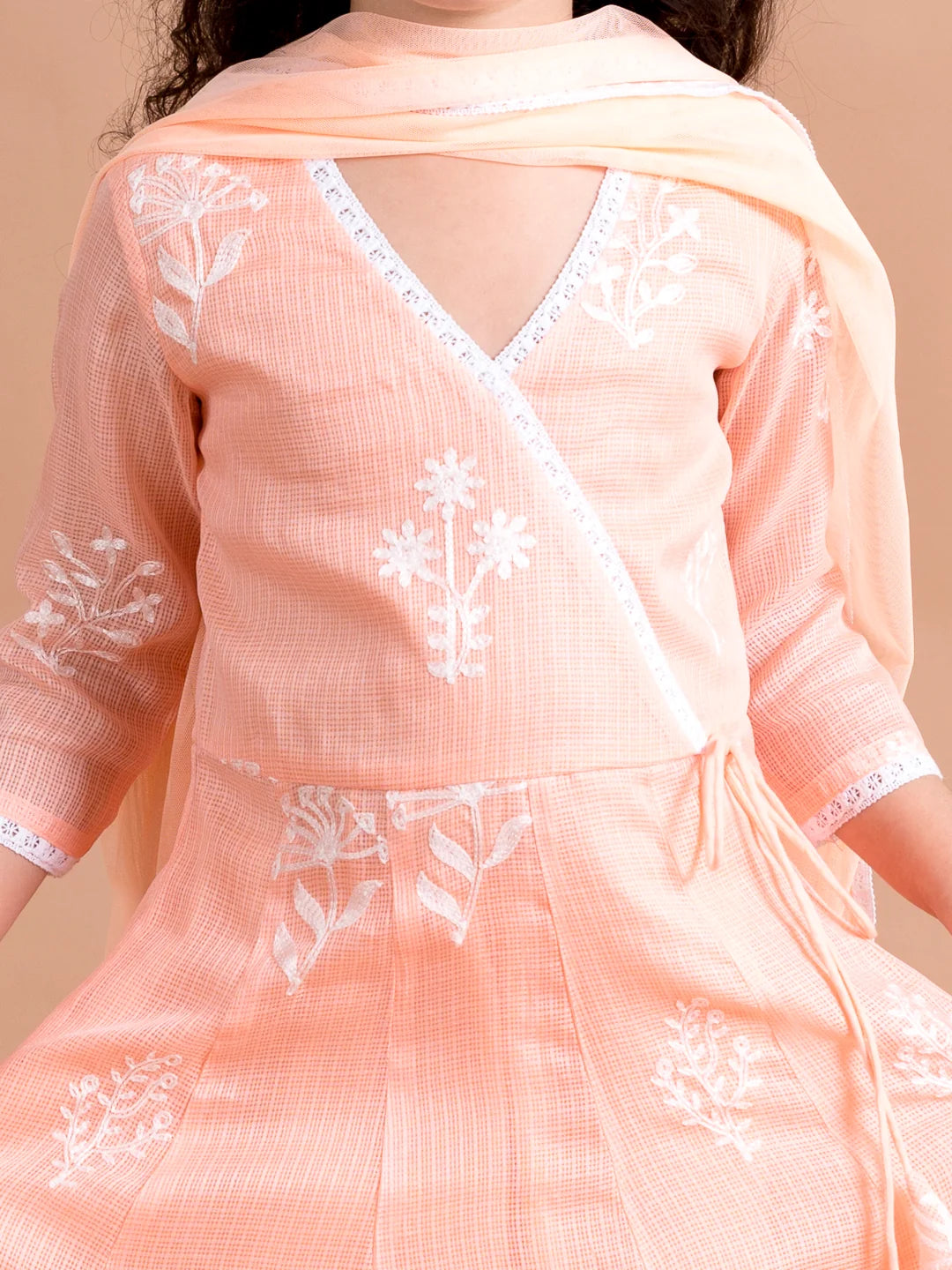 Girl - Peach embroidered Angrakha Kurta Set with Dupatta