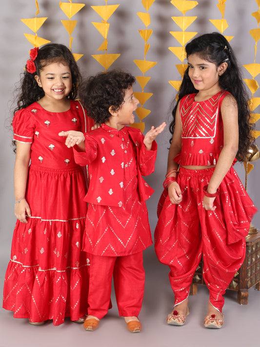 Boy - Red Kurta Pyjama Jacket Set Raw Silk