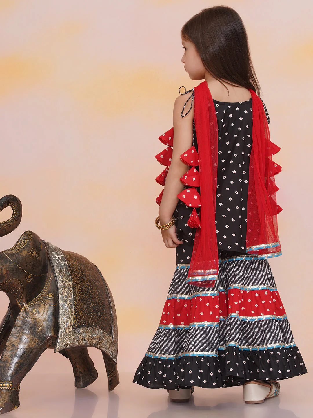 Girl Black & Red Bandhani Sharara Set with Dupatta