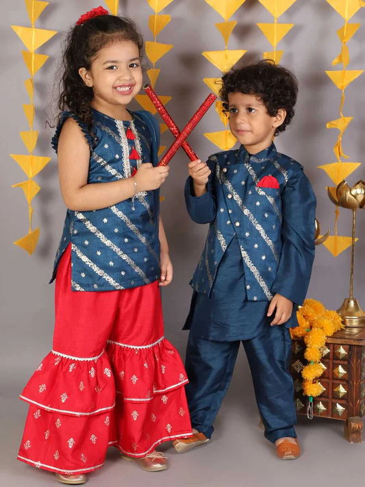 Boy - Blue Raw Silk Kurta Pyjama Jacket