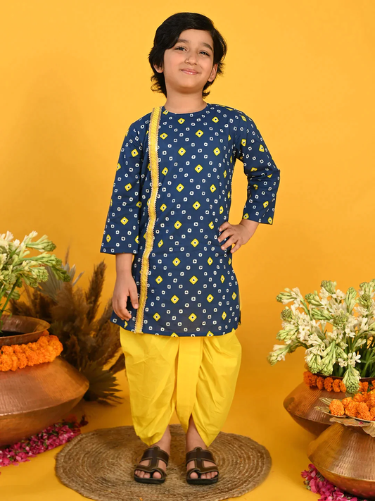 Boy - Blue Bandhani Print Cotton Kurta With Yellow Dhoti