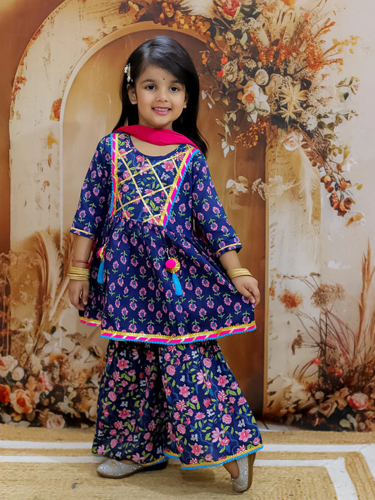 Girl - Blue Cotton Sharara Set with Dupatta
