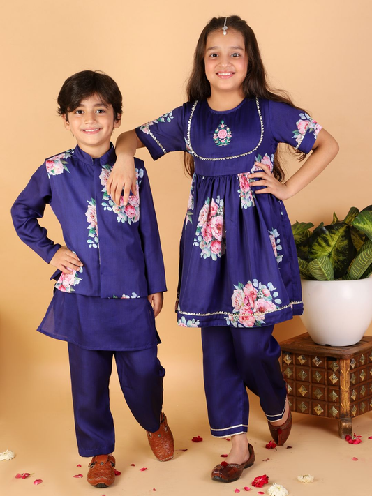 Girl Blue Floral Print Silk Kurta Pant Set