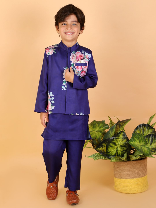 Boy Blue Floral Print Silk Kurta Pyjama & Jacket Set