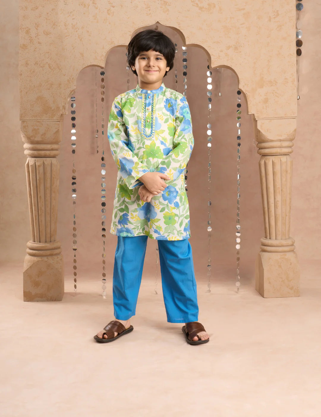 Boy - Green Floral Kurta with Blue Pyjama Set