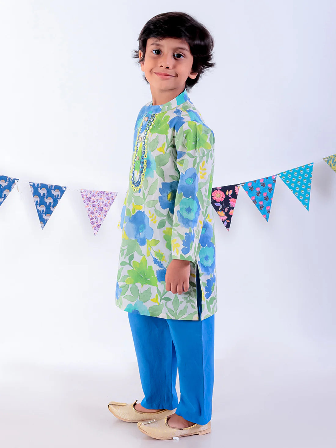 Boy - Green Floral Kurta with Blue Pyjama Set