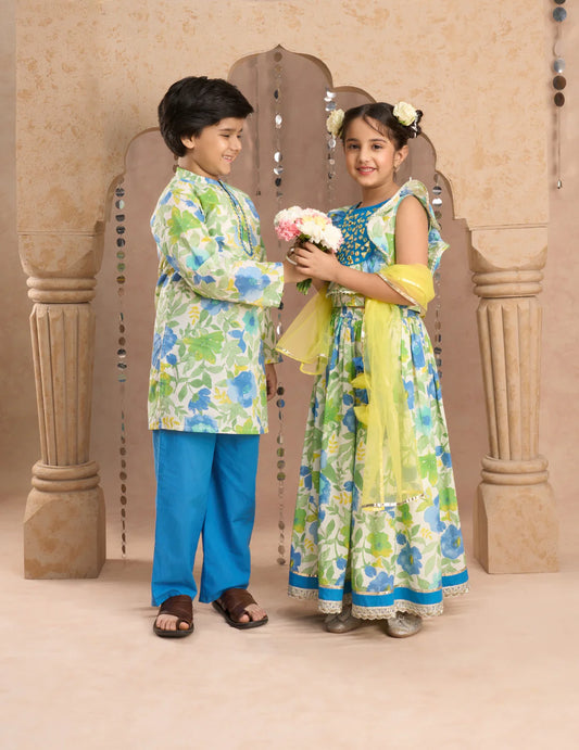 Boy - Green Floral Kurta with Blue Pyjama Set