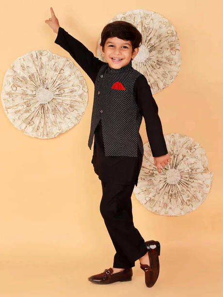 Boy Black Cotton Kurta Pyjama & Jacket