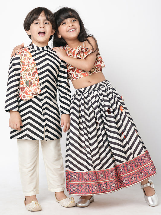 Boy - Kurta & Bottom - Black Chromatic Print