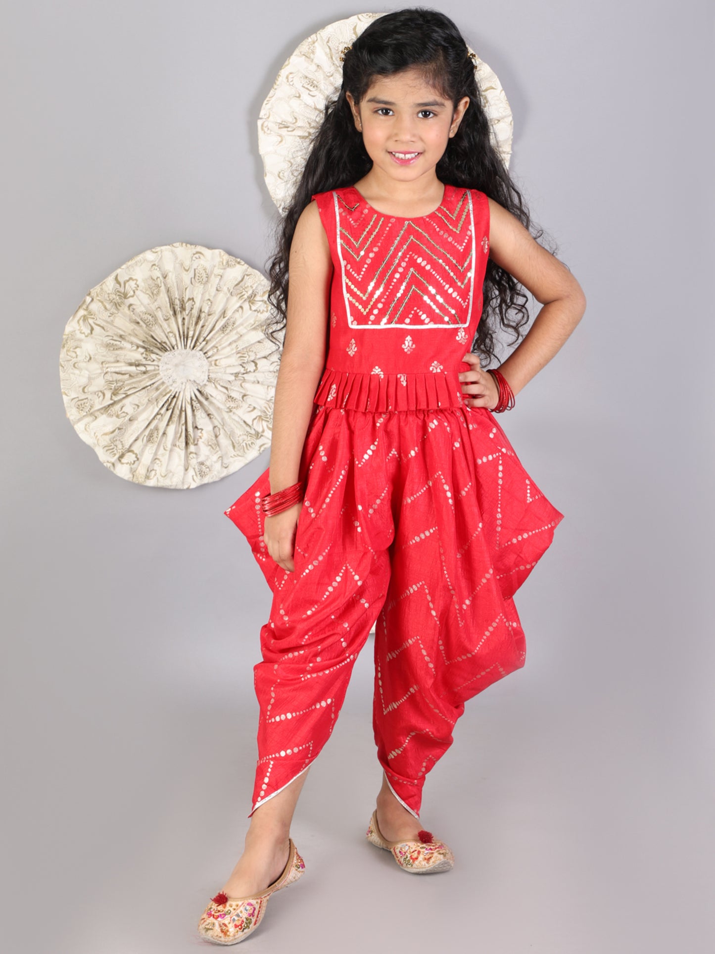 Girl - Red Crop Top with Dhoti Set