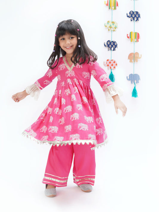 Girl - Pink Kurta with Pant Set Elephant print