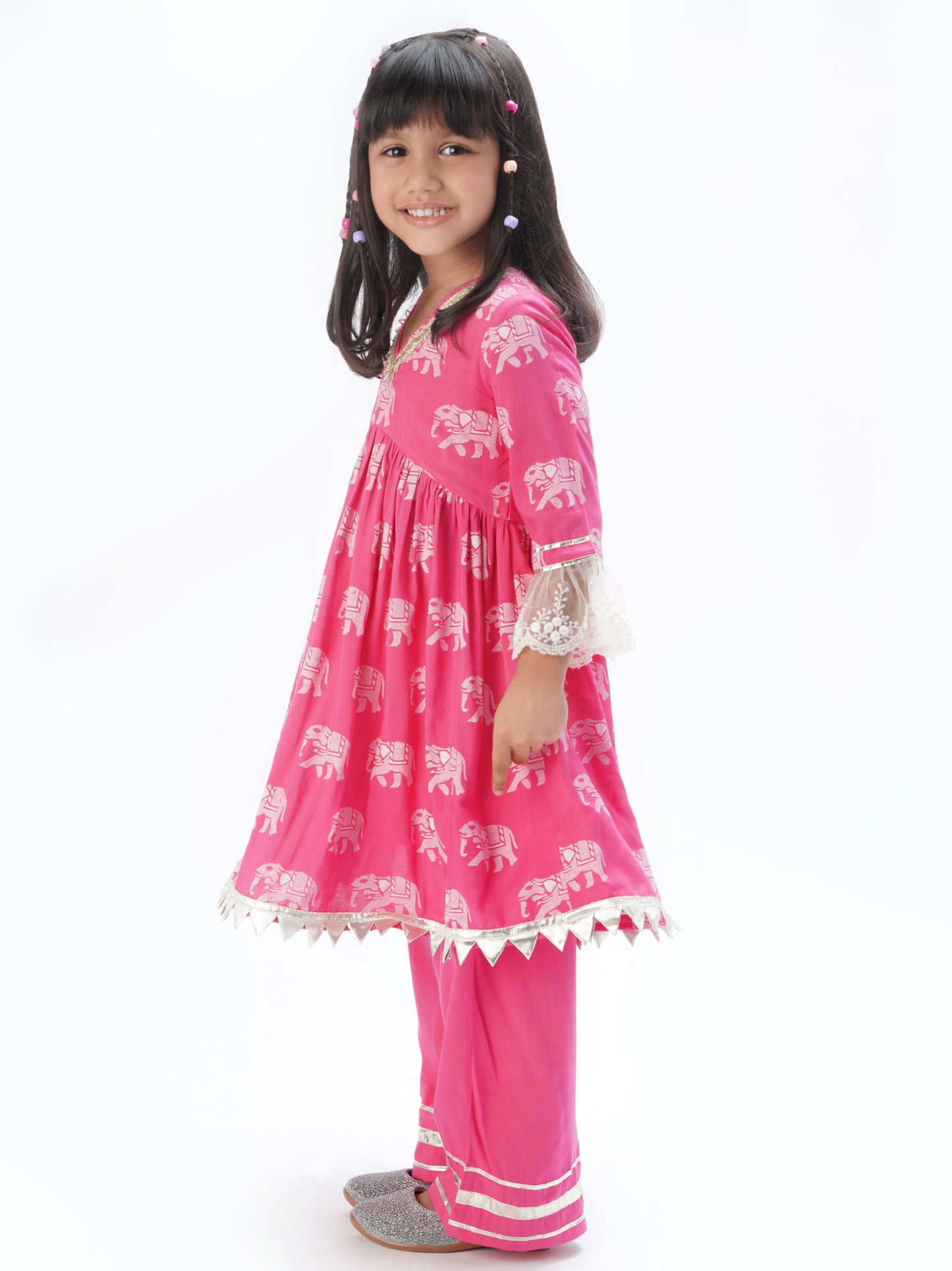 Girl - Pink Kurta with Pant Set Elephant print