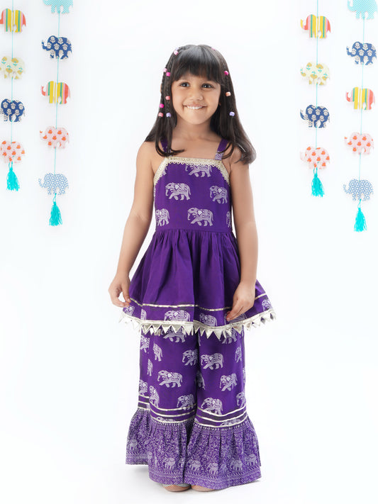 Girl - Purple Kurta & Sharara Elephant Print