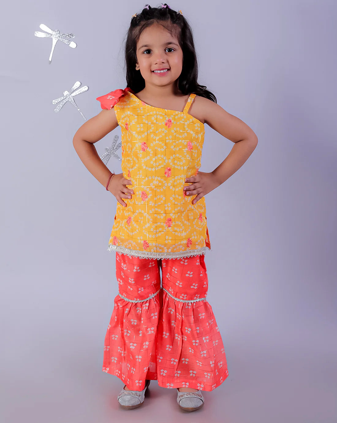 Girl - Yellow & Orange Chanderi Kurta Sharara Set