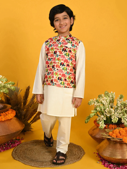Boy - Cream Kurta with Elephant print Jacket with Pyjama