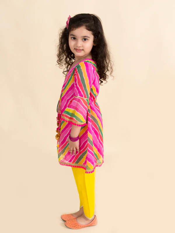 Girl - Pink Lehariya Kurta with Yellow Dhoti