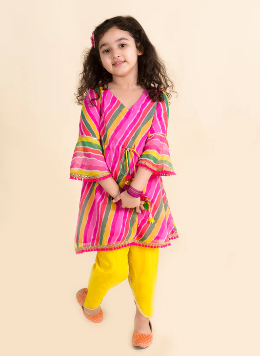 Girl - Pink Lehariya Kurta with Yellow Dhoti