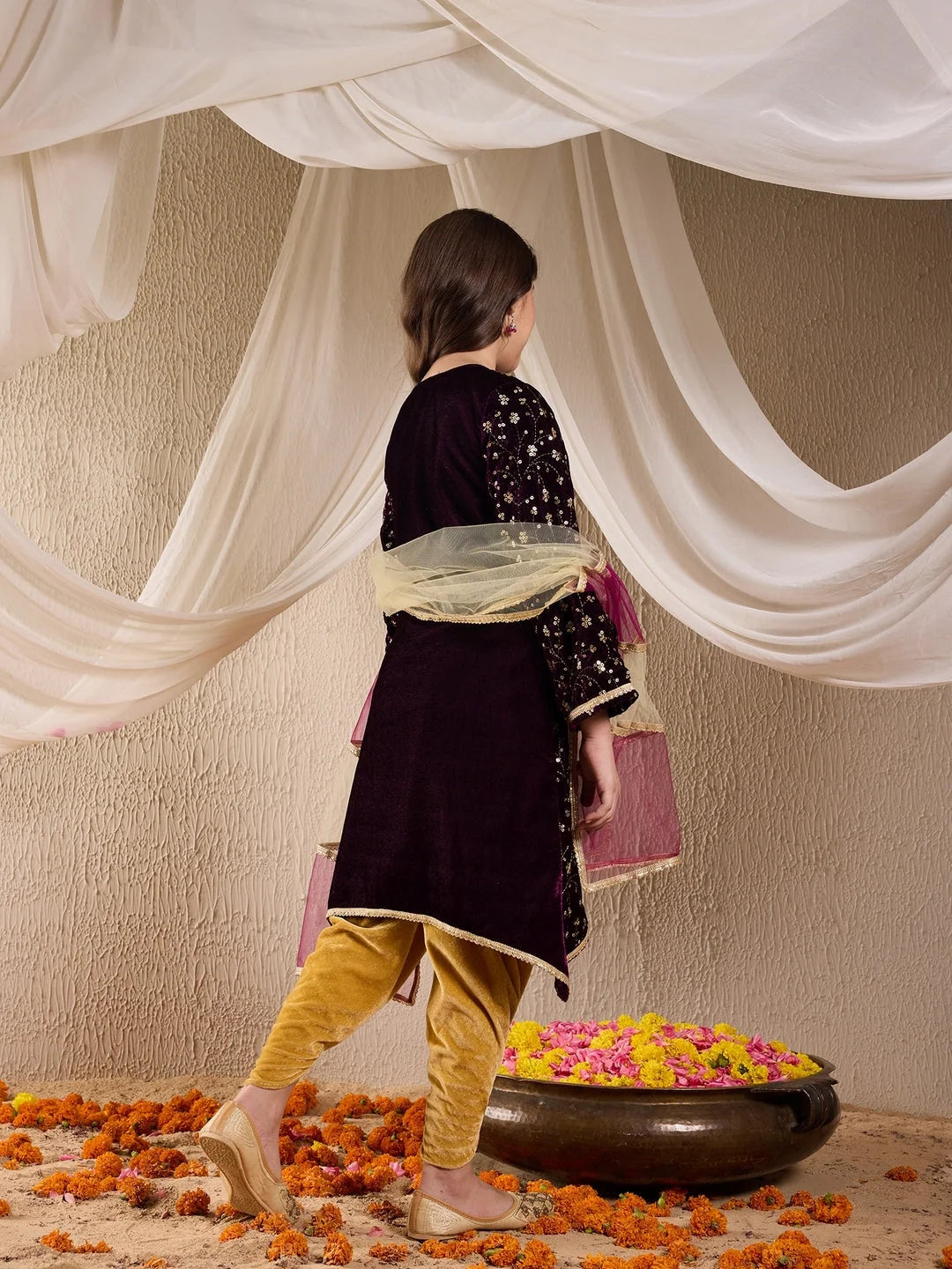 Girl - Purple Velvet A-Line Kurta & Dhoti With Dupatta