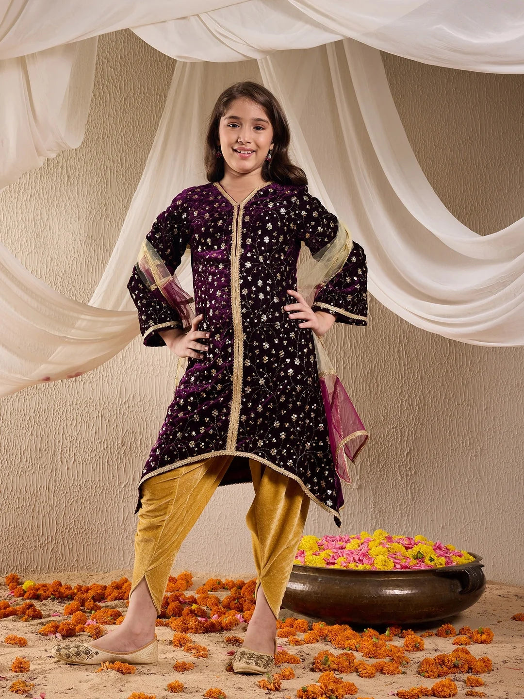 Girl - Purple Velvet A-Line Kurta & Dhoti With Dupatta