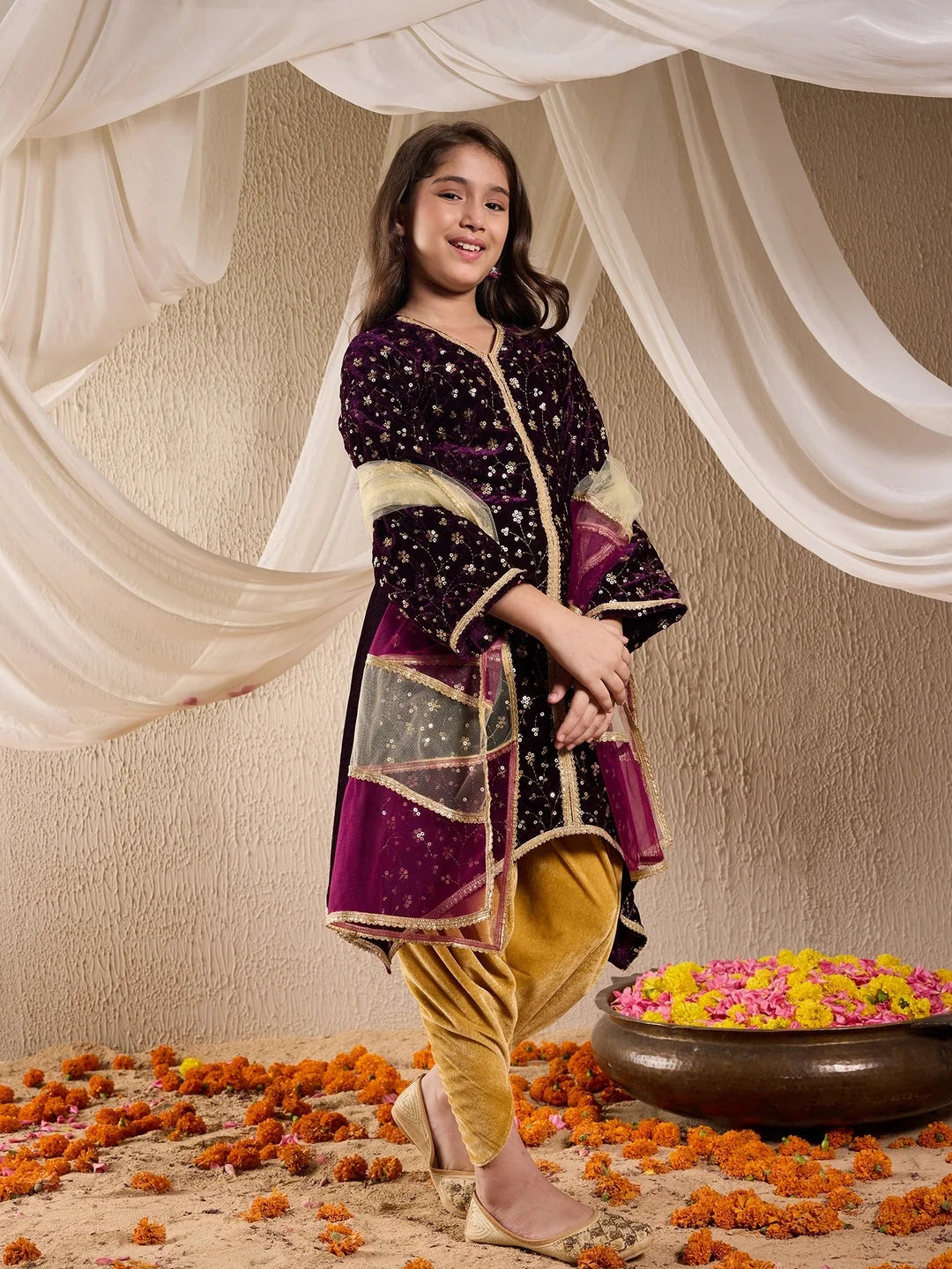 Girl - Purple Velvet A-Line Kurta & Dhoti With Dupatta