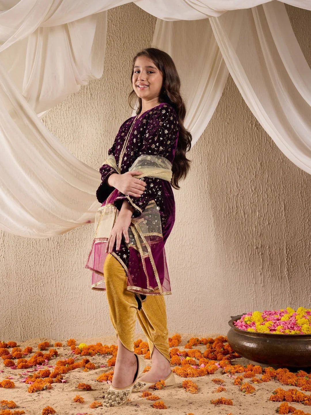 Girl - Purple Velvet A-Line Kurta & Dhoti With Dupatta