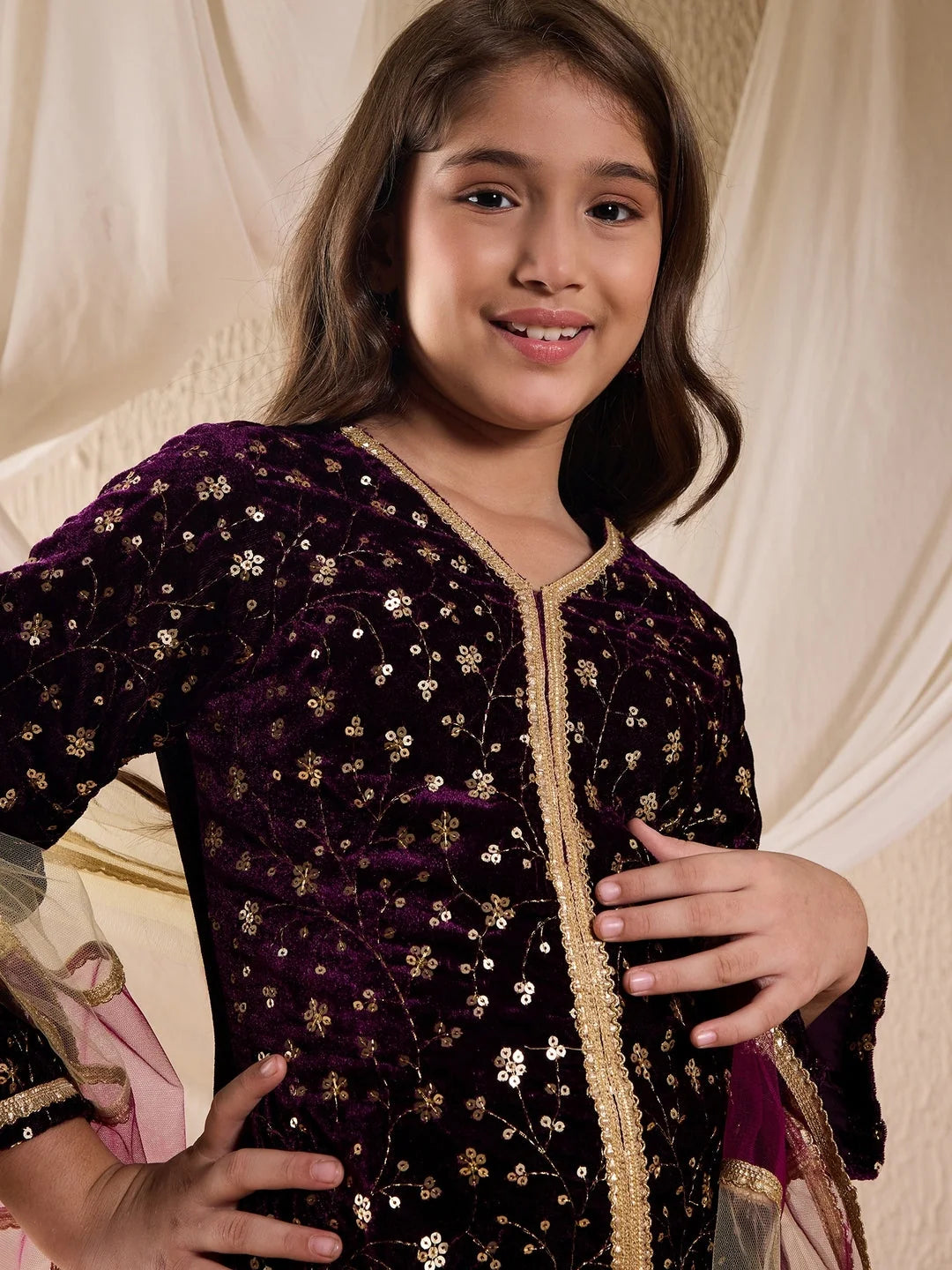 Girl - Purple Velvet A-Line Kurta & Dhoti With Dupatta