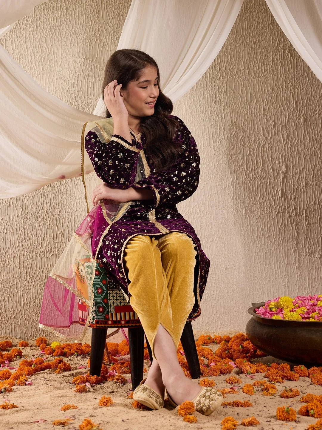 Girl - Purple Velvet A-Line Kurta & Dhoti With Dupatta