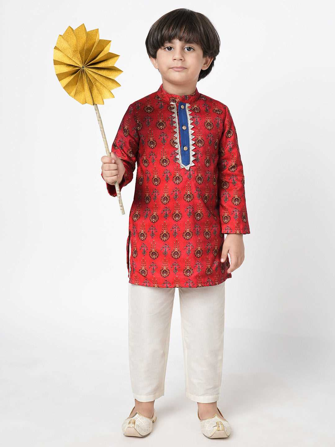 Boy Red Print Kurta with White Pyjama