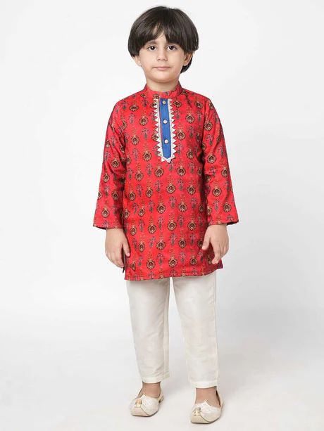 Boy Red Print Kurta with White Pyjama